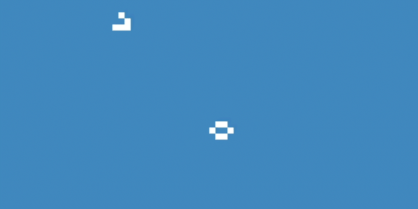 Animation showing Conway's glider moving across the screen and contacting another shape, creating a cascade of activity.