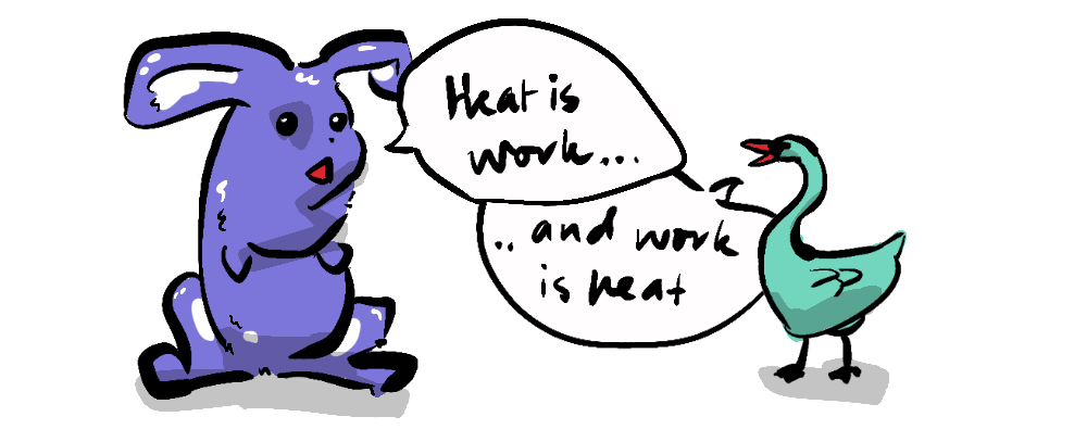 A Flemish Giant Rabbit and a Swann (as Flanders and Swann) singing 'Heat is work, and work is heat'.