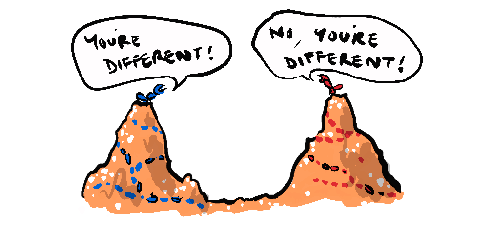 Two ant-hills side by side, occupied by blue and red ants, One at the top saying 'You're different' and the reply 'No, you're different'.