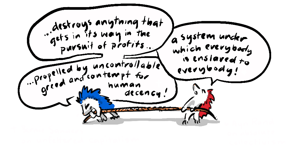 A tug of war between two hedgehogs representing Bernie Sanders and Ayn Rand