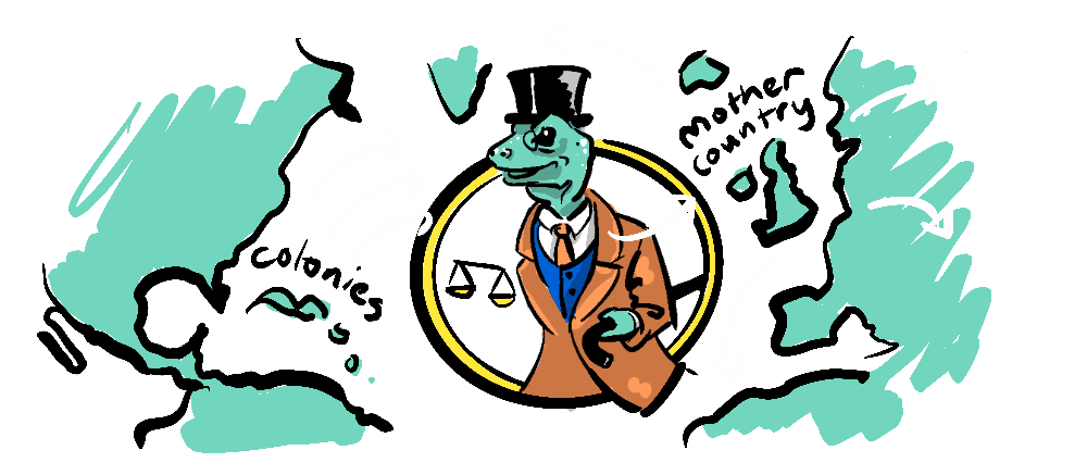 a mercantilist gecko in a 3-piece suit usherring in goods from the colonies and exporting