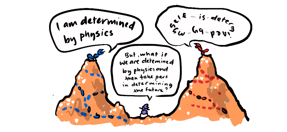 Ant hills with people on both sides arguing over determinism