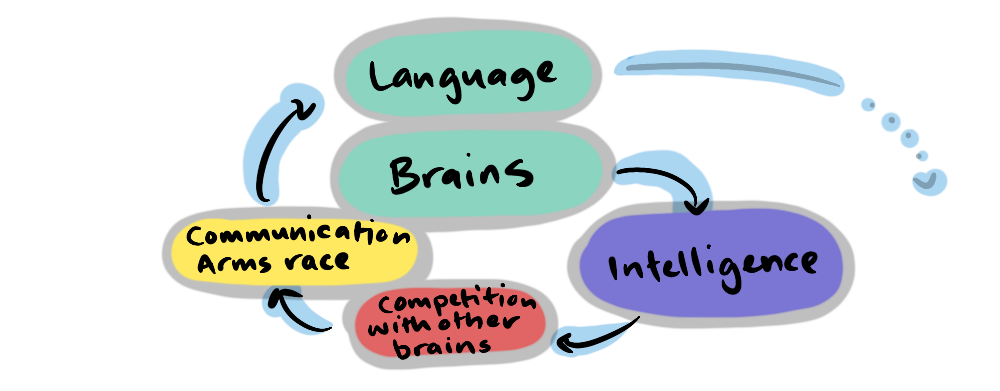 A convolution in the intelligence spiral: Brains > Intelligence > Competition with other brains > Communication arms race > Language