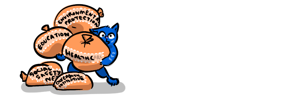 A blue cat carrying huge bags labelled in left wing rights