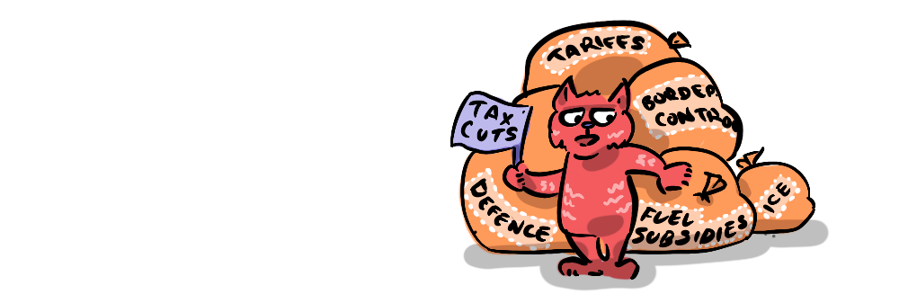 A cat in front of a load of baggage labeled with right wing policies
