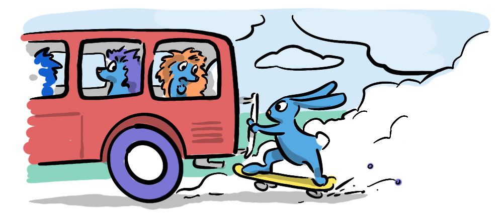 A rabbit skateboarding, holding the back of a bus