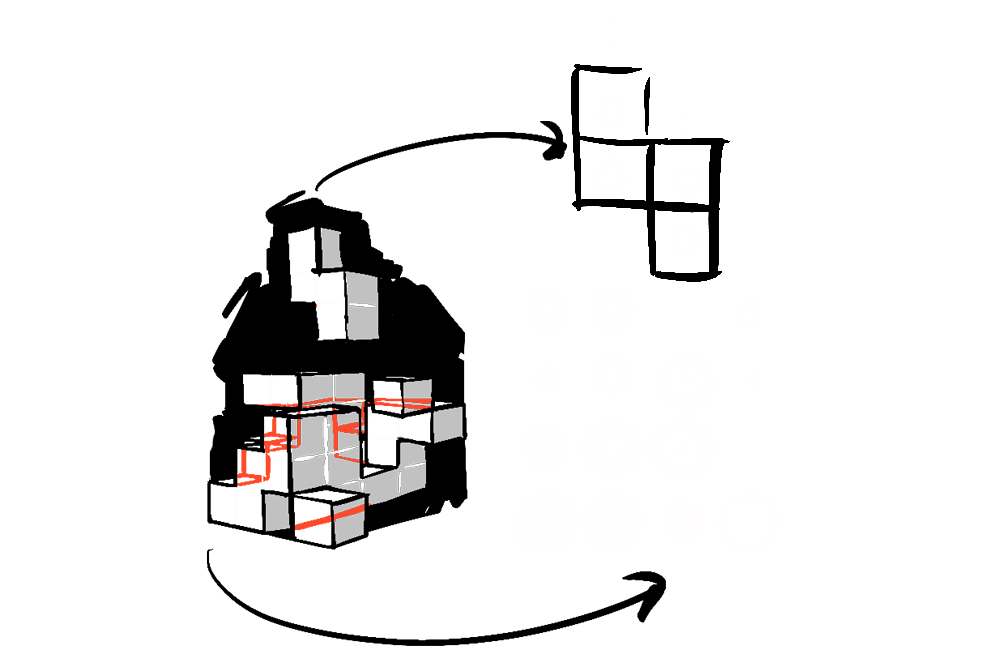 An illustration showing how a 3D Tetris game could be translated into 2D rings