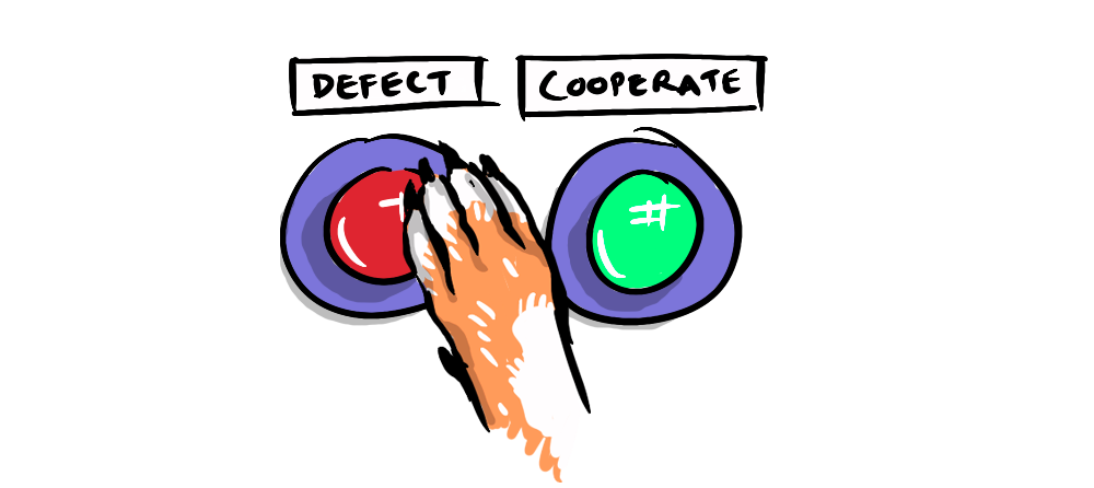 cartoon of a cooperate and a defect button