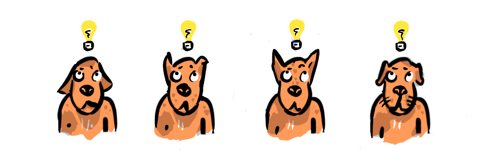 4 dogs with light bulbs above their heads