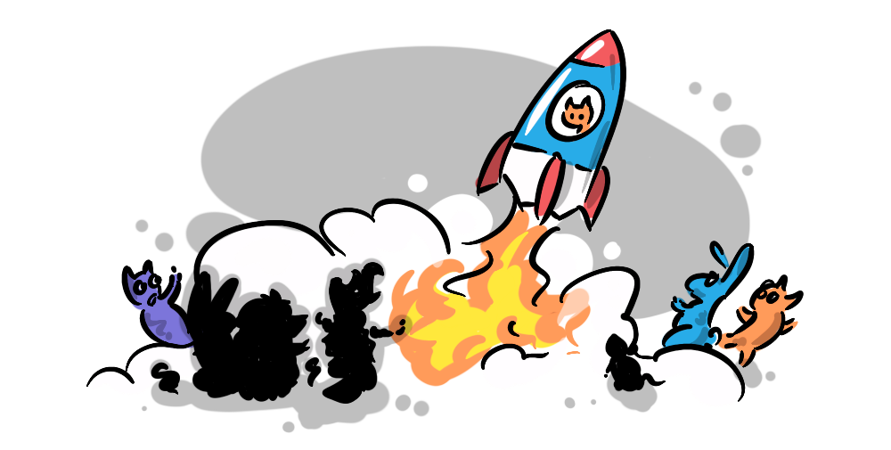 A rocket taking off leaving everyone in a cloud of smoke and dust